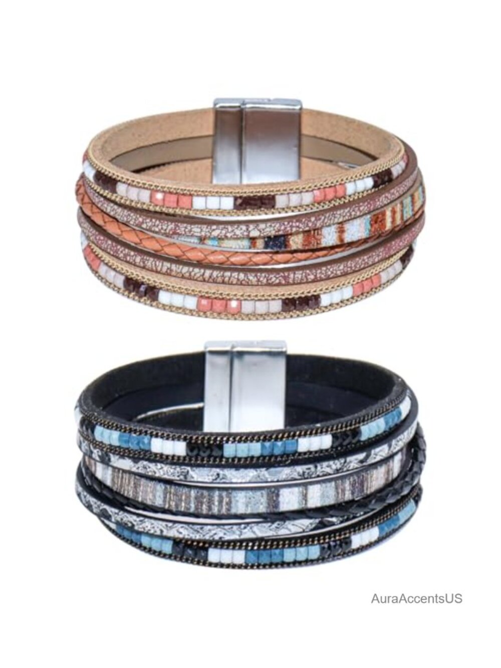 2Pcs Leather Wrap Bracelets Boho Multi-Layer Braided Stack Bracelets for Women